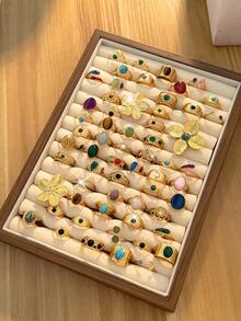 3/6/9/12/24 Pcs Stainless Steel 18K Gold Plated Minimalist Fashion Colorful Resin Inlaid Geometric Rings, Suitable For Women's Daily Wear (Random Delivery) - Multicolor - View 2