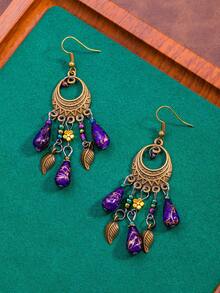 1 Pair Vintage Geometric Purple Teardrop Bead Tassel Earrings - Multicolor - View 2