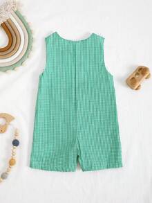 Quần yếm kẻ caro xanh lá cây cho bé trai và bé gái, áo liền quần không tay thêu hình máy kéo hoạt hình. - màu xanh lá - Xem 2