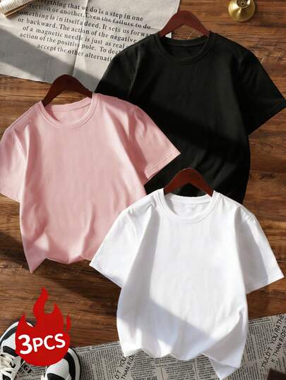 3 pièces/Set T-shirts décontractés d'été pour femmes à col rond et manches courtes, hauts de couleur unie convenant pour un port quotidien. Top blanc, Top noir, Top rose