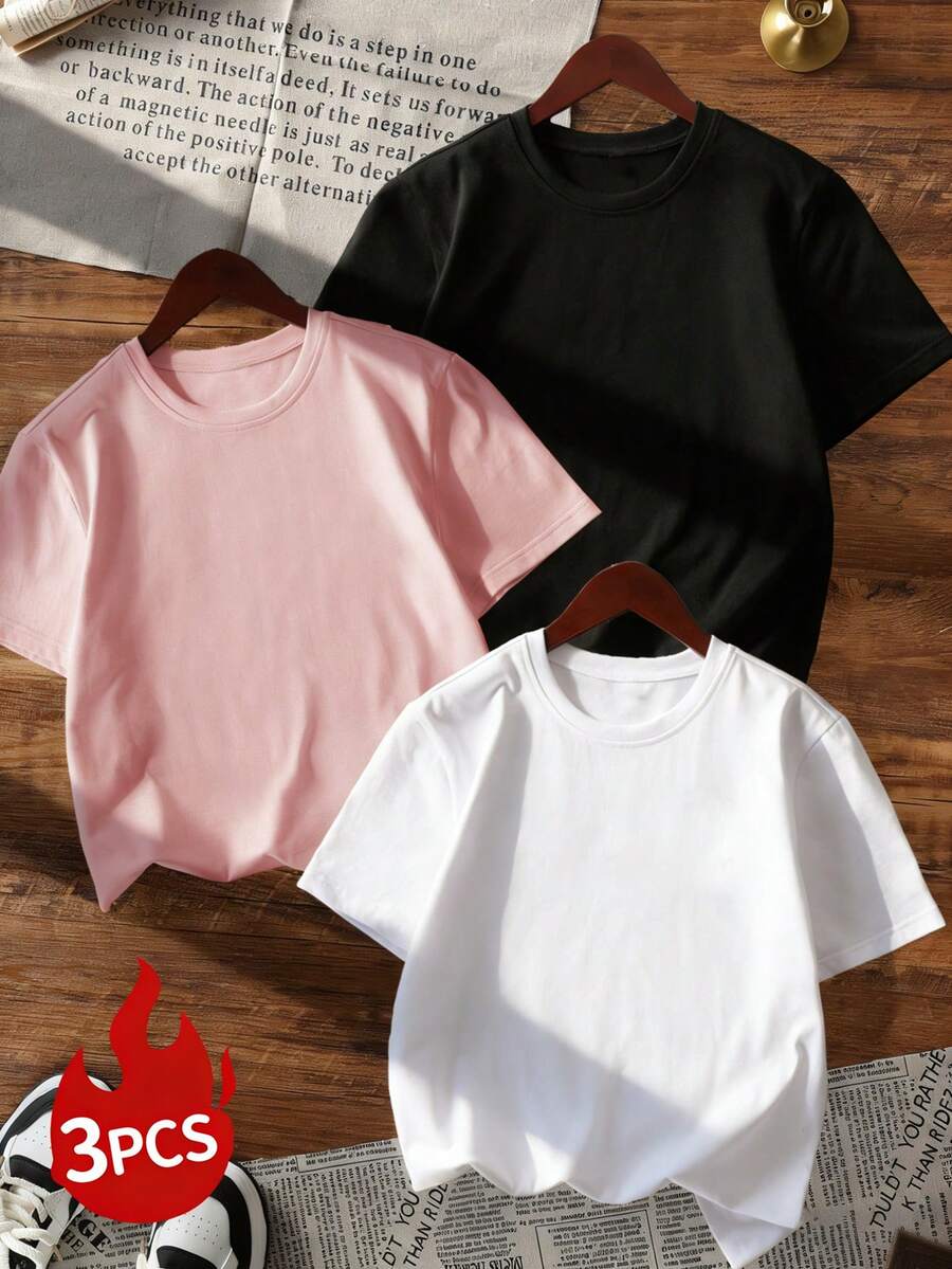 Set de 3 camisetas de mujer de manga corta y cuello redondo, de unicolor de moda, apropiadas para uso diario. Camiseta blanca, camiseta negra, camiseta rosa