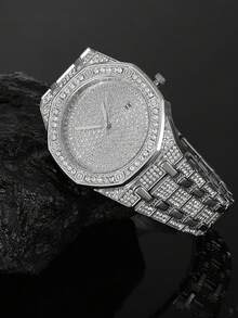 2pcs Hiphop Style Bracelet Set With Shiny Quartz Watch, Fashionable Accessories For Daily Wear, Unisex - Silver - View 7