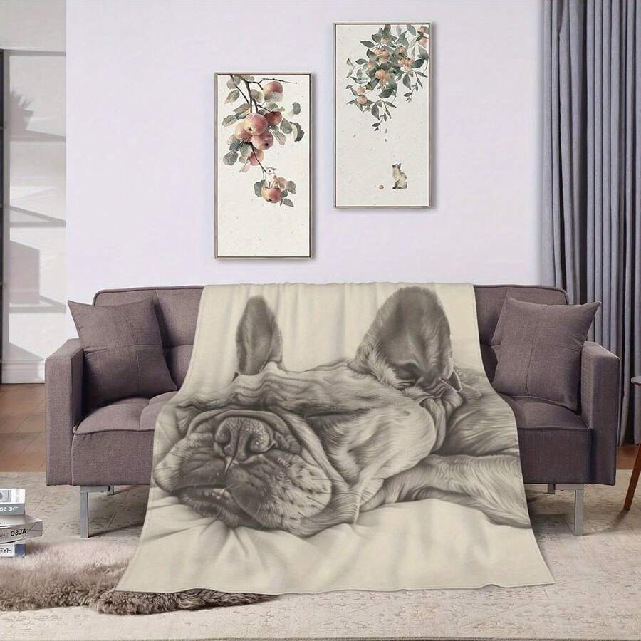 French Bulldog Blanket - Realistic Sleeping Puppy Flannel Throw, Ultra-Soft Beige & Black Pet Bedspread Couch, Bed, Camping - All-Season Cozy Dog Lovers & French Bulldog Owners, Home Decor Accessory, Contemporary Home Decor, Plush Comfort, Petthemed Decor, Home Decor Enthusiasts - Grey - View 1
