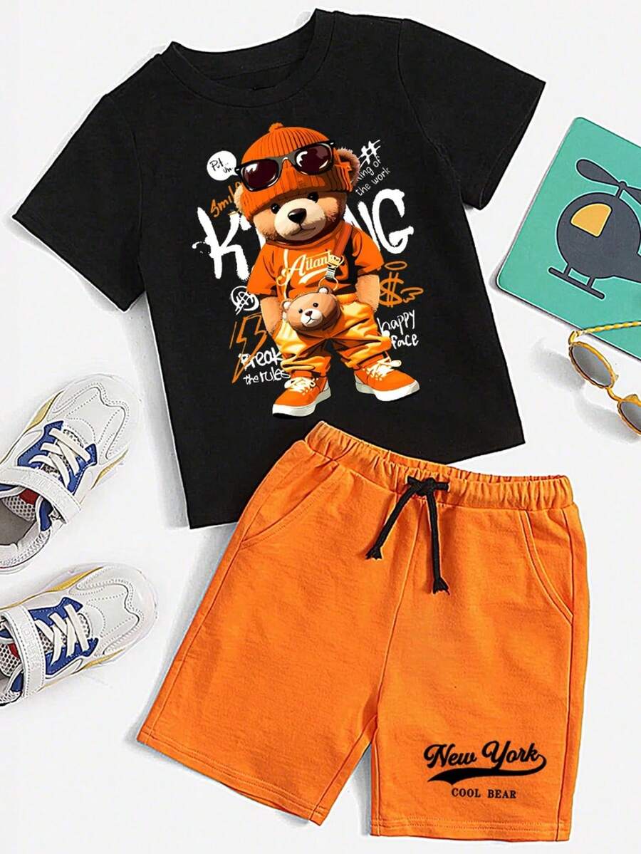 Tween Boys Cartoon Print Short Sleeve T-Shirt And Shorts Set - Black - View 1