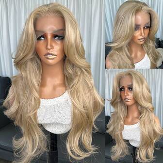 Parrucca sintetica da donna con frangia a tendina, lunga 22 pollici, con onde e riflessi biondi, parrucca frontale in pizzo 13x4, senza colla, in fibra Kanekalon resistente, con densità del 150%, pronta da indossare, adatta per uso quotidiano, feste, festival e vacanze, facile da usare, con pizzo trasparente