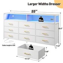 55W TV Stand 9 Drawers Dresser With Open Storage Shelves, Dresser For 55,60 Inch TV With Power Outlets And LED Lights, Fabric Dressers Drawers For Bedroom, Living Room - 白色 - 查看 3