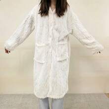 Thickened Long Sleeve Hooded Casual Solid Jacquard Fleece Night Robe For Fall & Winter, Women's Sleepwear & Dresses With Pockets - Multicolor - View 12