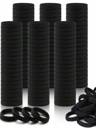 Pacote com 100 unidades de faixas de cabelo elásticas básicas femininas, estilo coreano, pretas, com alta elasticidade, modernas e multifuncionais, de alta qualidade e design minimalista, ideais para rabo de cavalo alto. Acessórios de cabelo coloridos e versáteis, perfeitos para o dia a dia. Ótima opção de presente para noivas e familiares, e também para a volta às aulas.