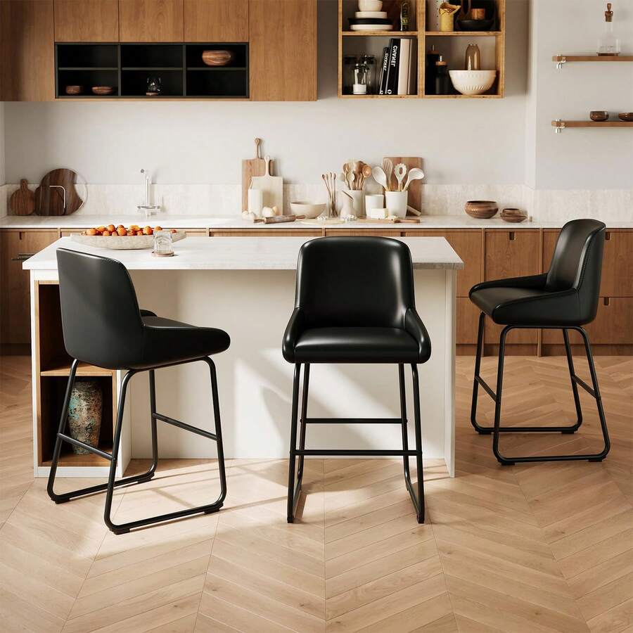 Techigher PU Leather Bar Stools Set, Industrial Pub Barstools With Back And Footrest, Modern Bar Height Stool Chairs For Dining Room Kitchen Island - Black 3pcs - View 1