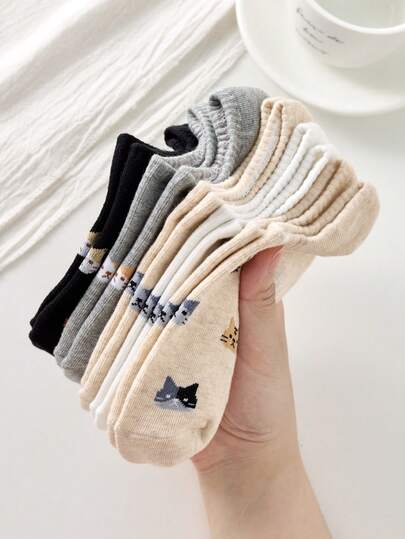 5 Pairs Women Cute Cat Pattern Minimalist Boat Socks, Invisible Socks Suitable For All Seasons
