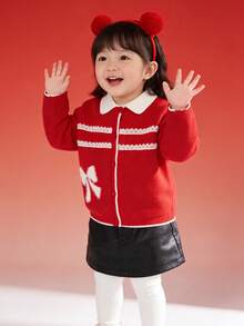 Balabala 2025款女童针织开衫，优雅花卉图案，时尚春季毛衣 - 紅色 - 查看 1