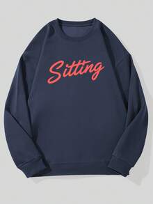 Casual Crew Neck Sweatshirt With Sitting Men Pattern - Navy Blue - View 6