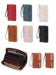 Nouveau portefeuille long pour femme, multi-fentes pour cartes, porte-monnaie rétro multifonctionnel grande capacité, sac embrayage pour femmes, porte-monnaie, portefeuille long, porte-poignet, porte-monnaie avec cordon - Multicolore - Voir 3