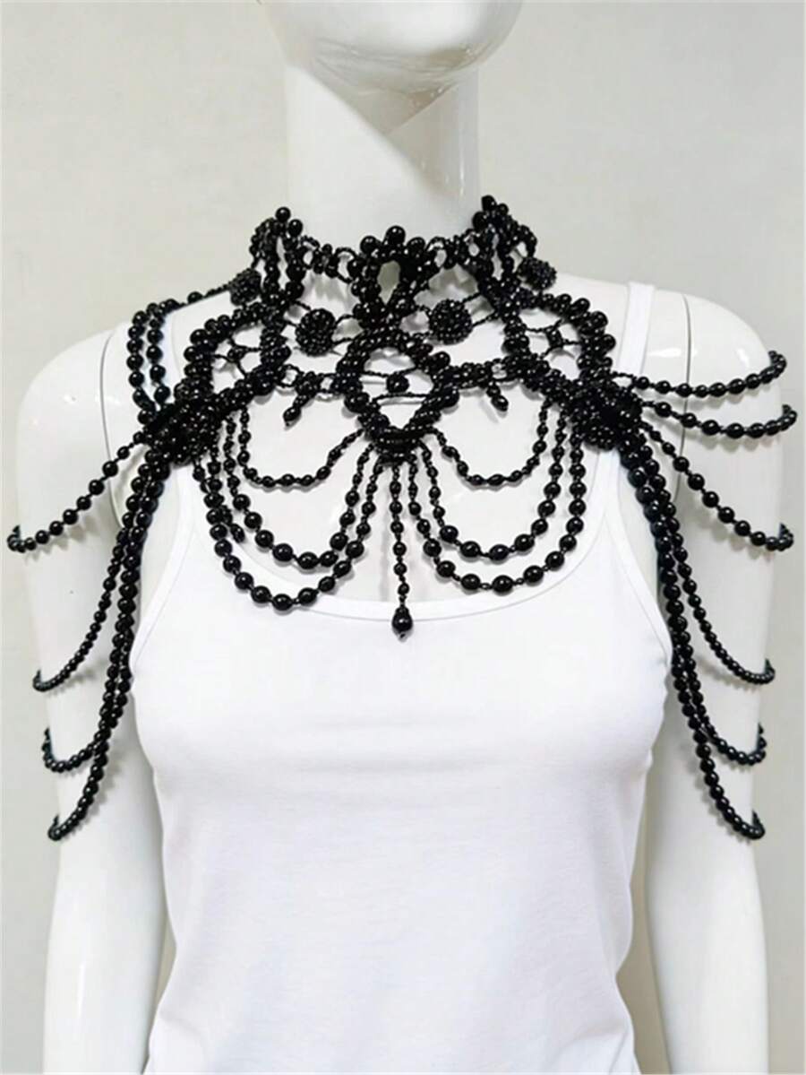 1件欧美时尚性感优雅多层仿珍珠流苏8字形肩链项链，连衣裙配饰身体链 - STDH004 - 查看 1