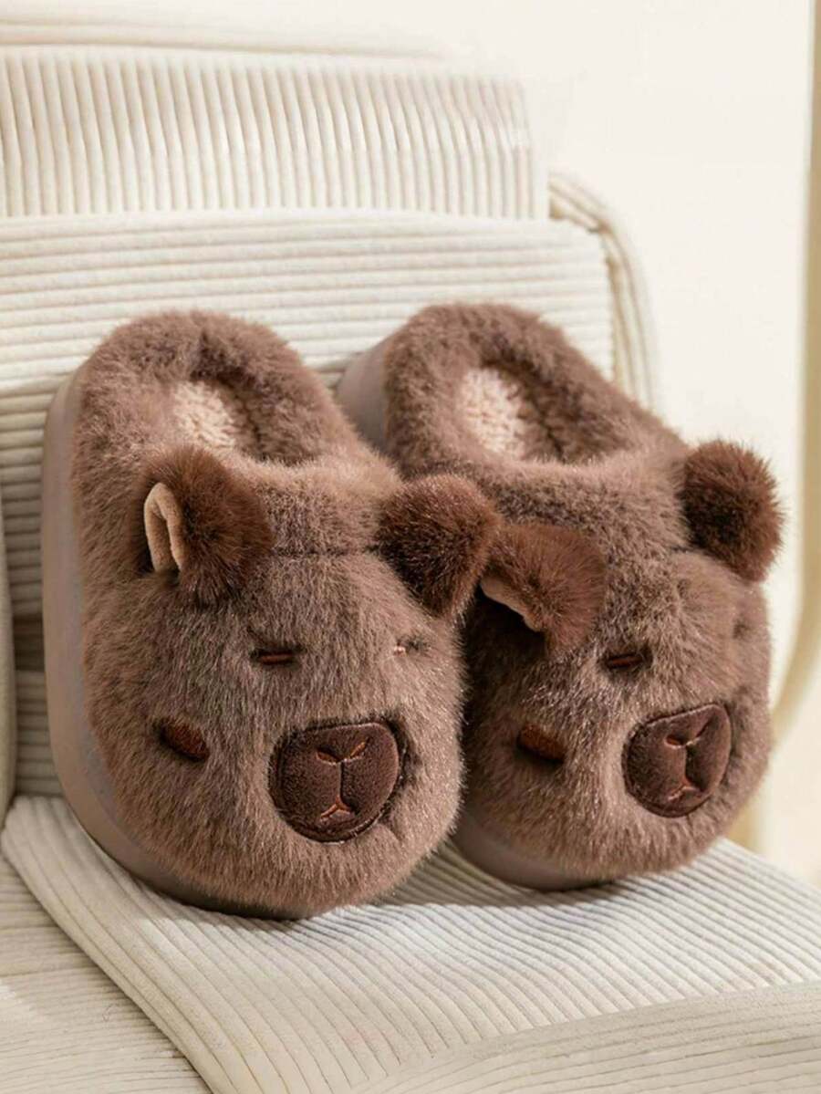 Slippers Cartoon Capybara Soft Sole, Non-Slip Warm Plush Indoor Home Shoes For Kids, Cozy Lightweight For Boys Girls Winter Wear - Brown - View 1