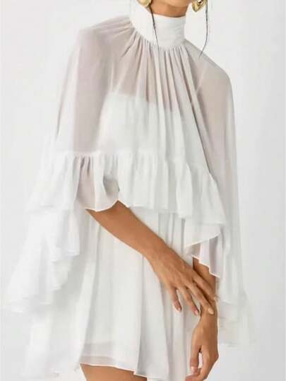 Sheer Chiffon Ruffle Poncho Top For Women, Cape Style Layered Ruffles Cover Up, Ethereal Boho Glam Outfit For Summer Vacation, Beach Party And Evening Looks