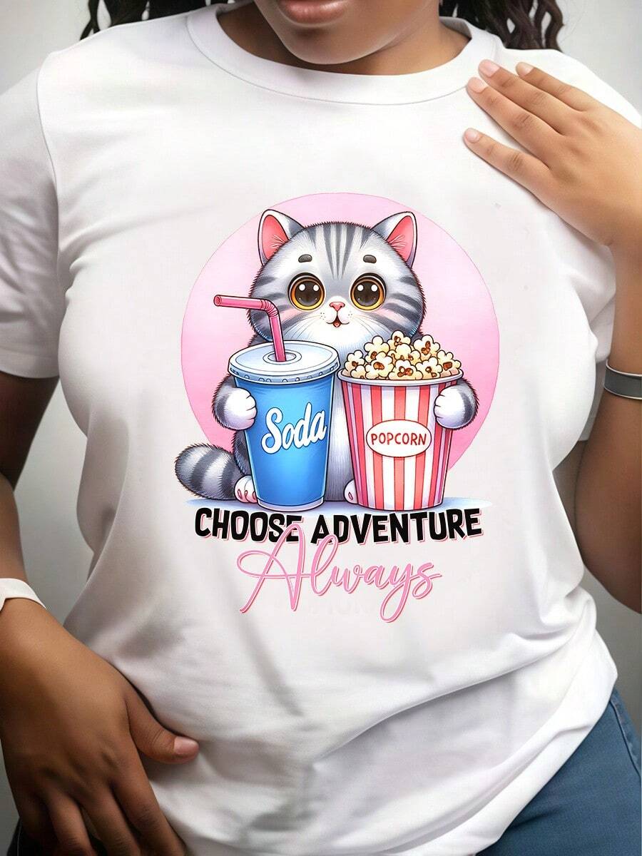 Plus Size Women's Cartoon Cat & Soda Popcorn Graphic Crew Neck Short Sleeve Casual Pure Cotton 180g T-Shirt - White - View 1