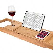 Luxury Bamboo Bathtub Caddy Bath Tub Tray with Extending Sides Built in Book Tablet Holder Cellphone Tray and Integrated Wineglass Holder and Other Accessories Placement - Bandejadebaodecolorbamb - Ver 2