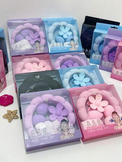 Set de regalo de 6 piezas que incluye: diadema de esponja, muñequeras, pinza de pelo con flor grande para niñas. Accesorios para el cabello con caja delicada para regalos de fiesta y uso diario. Pinzas de pelo casuales, elegantes y de mandíbula para mujeres.