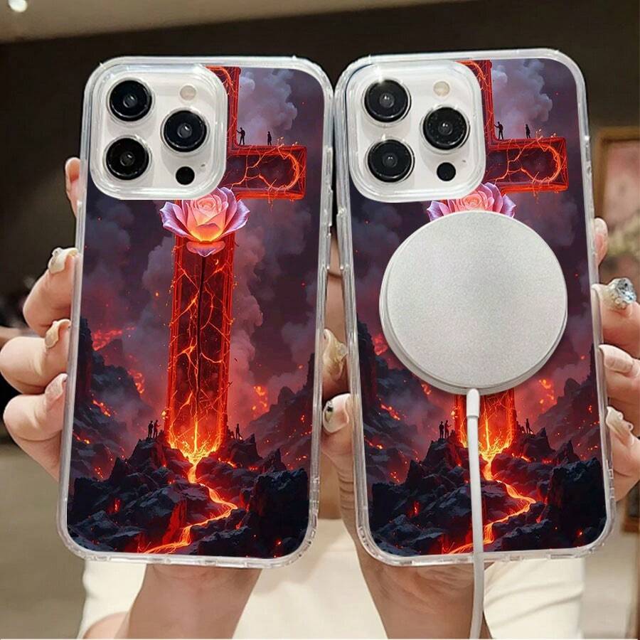 Cruz ardiente con rosa en un paisaje infernal.Funda de teléfono magnética Elemento de diseño de funda para teléfono, una funda elegante y delicada hecha de material TPU, con diseño, atractivo - Succión magnética transparente - Ver 1
