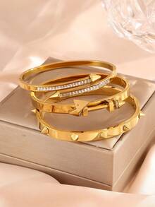 1/3件套金色朋克铆钉箭头锆石镶嵌手镯，不锈钢材质 - 适合女性/女孩日常佩戴、派对、约会、办公礼品 - 金色 - 查看 4