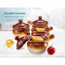 KooK - Juego de 4 platos de sopa de cebolla francesa con tapas cuencos de cerámica asas grandes lavaplatos microondas horno y asador color café blanco colección Puebla - Café Blanco - Ver 5