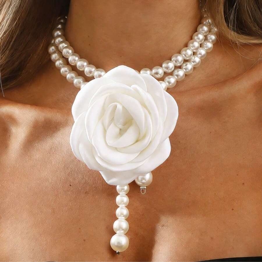 Novo Colar Gargantilha Vintage Estilo Chique Campestre Francês Doce Barroco Rosa Flor, Elegante Corrente de Pérolas - Branco - Visão 1