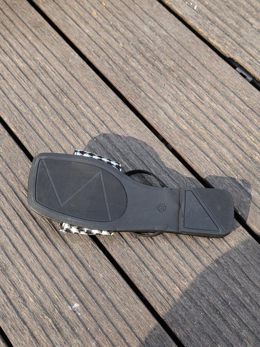 Women's Houndstooth Bow Flat Beach Slippers - Black and White - View 1
