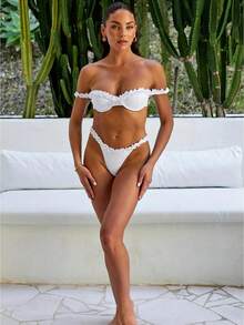 Bohemian Style Black Fungus Trimmed Women's Bikini Two-Piece Set - Solid Color/Polka Dot Print Black Fungus Trimmed Off Shoulder Strap Collar Swimsuit And Black Fungus Trimmed Swim Pants Set, Suitable For Pool Parties And Beach Vacations - 白色 - 查看 1