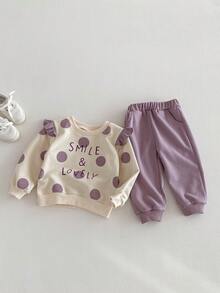 2件組女嬰女童戶外休閒大波點與字母印花對比色長袖寬鬆運動衫套裝，春秋款 - 彩色 - 查看 9