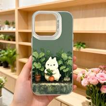 Funda de telefono con diseño de gato blanco y vegetales color verde oscuro para iPhone con estampado de jardín y texto CASETTO ideal para uso diario en floristerías y espacios naturales,Aplicable a los teléfonos de la serie Apple y Galaxy - Negro - Ver 5