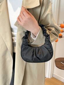 迷你纯色褶皱手提包，女士纯色云朵新月形手提包 - 黑色 - 查看 6
