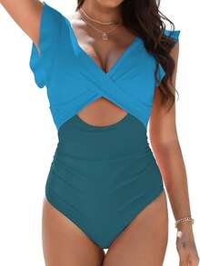 Womens One Piece Swimsuits Tummy Control Bathing Suits Ruffle Sleeve Cutout Swimsuit V Neck Wrap Swimwear,Local Delivery - Green Color Block 2 - 查看 1