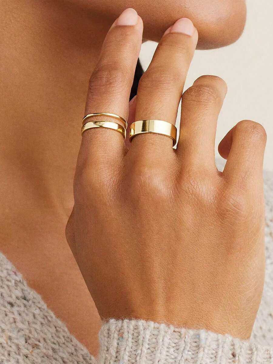3pcs Smooth Stainless Steel Ring Set, Plain Stackable Bands For Women - Yellow Gold - View 1