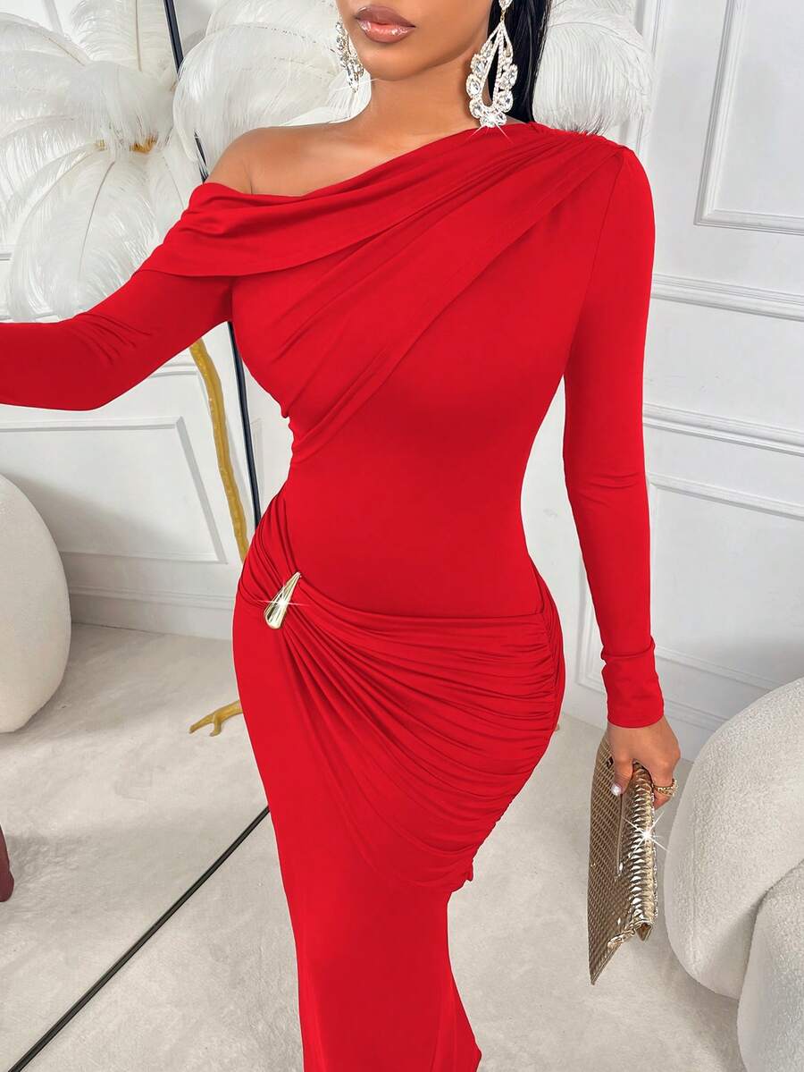 AIJ Women's Long Sleeve Knit Bodycon Dress With Ruffle Details And Gold Buttons, Suitable For Evening Events - Red - View 1