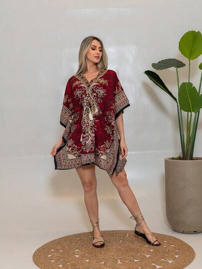 KIARA BRAZIL Vestido Kaftan Indiano Feminino Curto Boho Chic Estampado-AE-25102