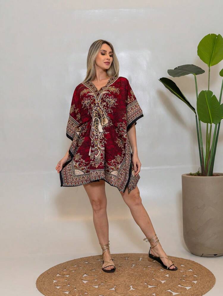 KIARA BRAZIL Vestido Kaftan Indiano Feminino Curto Boho Chic Estampado-AE-25102 - Vermelho - Visão 1