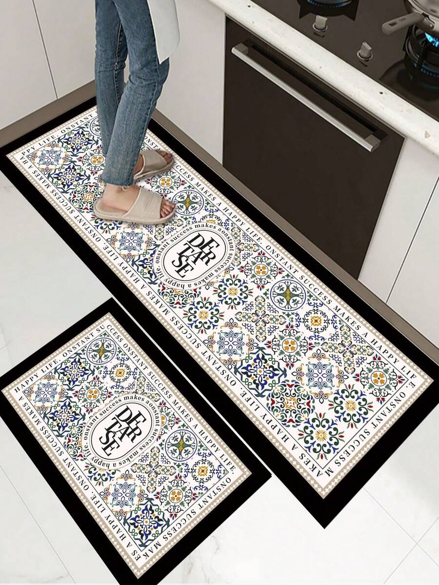 [HOT!!!] 1pc Soft Rubber Kitchen Mat, 3.5mm Thick Kitchen Rug, Traditional Decorative Style Absorbent Kitchen Mat Large Carpet, Can Be Self-Cut To Fit Kitchen Size, Surface Fabric Material, Middle Sponge Layer, Bottom Rubber Layer, Suitable For Kitchen Rugs, Kitchen Decor, Wedding Decor, Home Decor, Bathroom Mat, Entryway Mat, Laundry Room Mat, Hallway Carpet, Living Room Mat, Etc. - Multicolor - View 1
