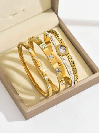 3 pezzi/1 pezzo Braccialetto per unghie in acciaio inossidabile placcato oro 18K a forma di quadrifoglio, adatto per feste, uso quotidiano, stile europeo e americano, personalizzato, generoso, braccialetto di lusso con zirconia cubica, set di gioielli da matrimonio, regalo per ragazze, donne, parenti, amici, matrimonio, compleanno, San Valentino