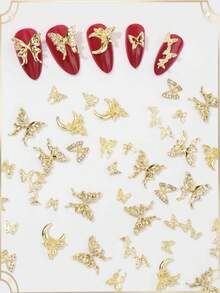 40件/套随机金色美甲饰品组合，闪亮蝴蝶美甲贴纸和水钻3D Y2K美甲饰品配件美甲用品 - 金色 - 查看 2