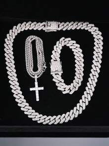 3 Piecescross Pendant Necklace And Bracelet Set, Featuring A Delicate Cuban Chain For A Touch Of Hip-Hop Style. Suitable For Everyday Wear By Both Men And Women, And A Perfect Gift For Valentine's Day, Christmas, Or New Year's - A - View 2