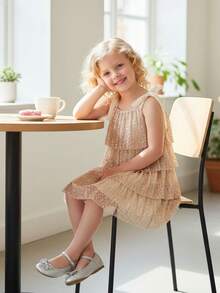 Toddler Girls Sequin Dress Sparkly Princess Birthday Pageant Party Dresses Little Girls Tie Shoulder Layered Dress - 金色 - 查看 6