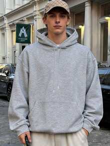 男士休闲街头字母印花口袋抽绳连帽衫，春秋季 - 淺灰色 - 查看 2