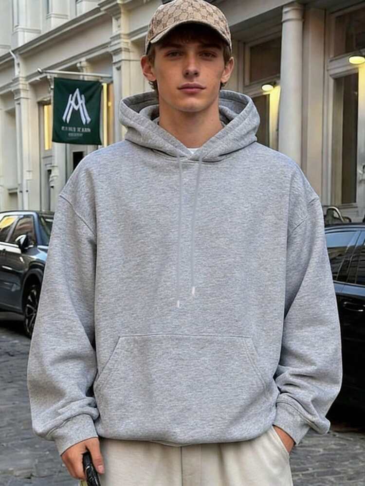 Men's Casual Street Letter Print Pocket Drawstring Hoodie, Spring/Autumn - Light Grey - View 2