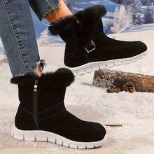 Women's Snow Boots With Buckle Decoration, Faux Suede And Teddy Fleece Lining, Simple Outdoor Sports Warm Snow Boots, Thick-Soled Short Snow Boots, Women's Flat Short Winter Fleece-Lined Warm Boots - màu đen - Xem 2