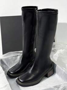 New Autumn/Winter Brown Over-The-Knee Chunky Heel Slim Boots, Classic Black Mid-Calf Riding Boots, Fashion Tall Boots For Women,Party - 黑色 - 查看 3