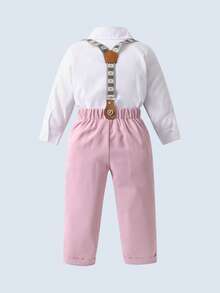 BOARNSEORL 两件套男童绅士套装 - 白色长袖领衬衫配蝴蝶结和粉色背带裤，时尚优雅，适合生日派对、婚礼、宴会等场合。 - 粉色 - 查看 4