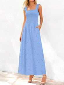 Women's Bohemian Eyelet Lace Cotton Smocked Sleeveless Square Neck Maxi Dress For Spring & Summer Beach Vacations - 淺藍色 - 查看 3