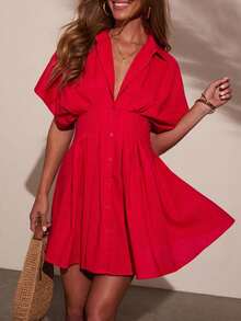 1件纯色休闲派对优雅性感波西米亚风梭织面料腰部褶皱/抽褶衬衫领迷你连衣裙，新款夏秋季红色衬衫领休闲女式短裙 - 紅色 - 查看 7