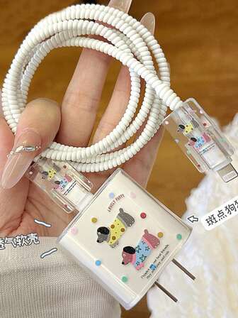 5 piezas Protector de cable de carga de la serie Apple 17/16, Protector de adaptador de carga Dalmatian TPU, Protector de enrollado de cable de cargador 18/20W (incluye 1 organizador de cables)